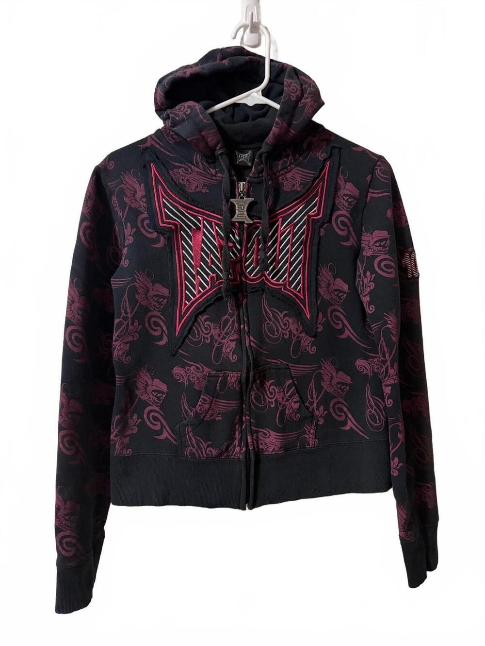 Tapout Hoodie Womens XS/S Black Pink Allover Print Full Zip Embroidered Logo